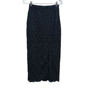 All Saints Womens Long Pencil Skirt Lace Eyelet Half Lined Front Slit Black Sz 0